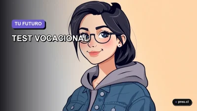 Joven universitaria sonriendo con confianza junto a un test vocacional interactivo. Ilustración plana y moderna en tonos lavanda, perfecta para estudiantes en Chile descubriendo su camino profesional.