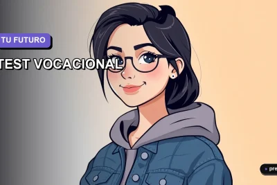 Joven universitaria sonriendo con confianza junto a un test vocacional interactivo. Ilustración plana y moderna en tonos lavanda, perfecta para estudiantes en Chile descubriendo su camino profesional.