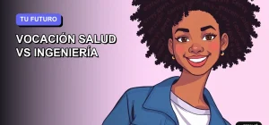 Ilustración plana y moderna de una joven universitaria sonriente, con estilo de pelo afro y chaqueta denim, sobre un fondo de gradiente lila suave. Representa a estudiantes decidiendo entre carreras de salud e ingeniería de manera amigable y motivadora.