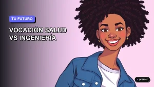 Ilustración plana y moderna de una joven universitaria sonriente, con estilo de pelo afro y chaqueta denim, sobre un fondo de gradiente lila suave. Representa a estudiantes decidiendo entre carreras de salud e ingeniería de manera amigable y motivadora.