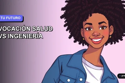 Ilustración plana y moderna de una joven universitaria sonriente, con estilo de pelo afro y chaqueta denim, sobre un fondo de gradiente lila suave. Representa a estudiantes decidiendo entre carreras de salud e ingeniería de manera amigable y motivadora.
