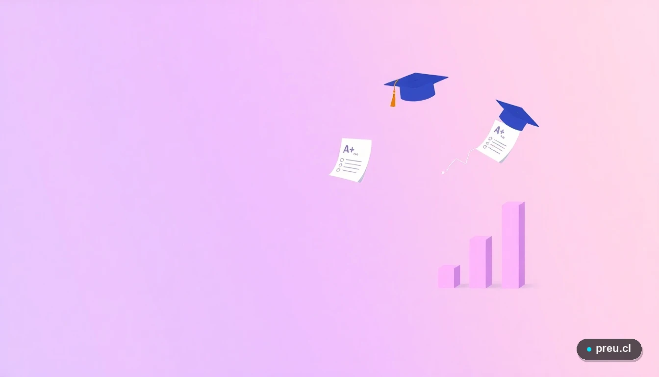 Elementos gráficos abstractos de interfaz de usuario académica: papeles de examen con nota máxima, gráficos de progreso y gorros de graduación, en estilo de ilustración plana y vectorial. Representa el logro y el avance en los estudios comerciales.