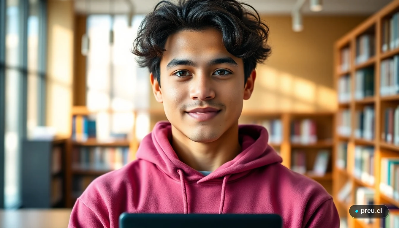 Joven estudiante sonriendo con confianza en una biblioteca universitaria moderna, representando el futuro profesional en el área comercial.