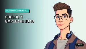 Ilustración plana y moderna de un estudiante universitario sonriente, con estilo vectorial y colores vibrantes, que representa el futuro profesional en el área comercial. Imagen optimizada para jóvenes que buscan orientación laboral.