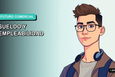 Ilustración plana y moderna de un estudiante universitario sonriente, con estilo vectorial y colores vibrantes, que representa el futuro profesional en el área comercial. Imagen optimizada para jóvenes que buscan orientación laboral.