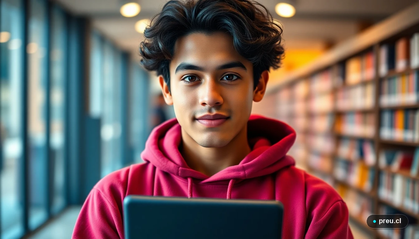 Joven estudiante sonriendo con confianza en una biblioteca universitaria moderna, representando el futuro profesional de un Contador Auditor.