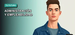 Ilustración plana y moderna de un estudiante universitario sonriente, representando el futuro profesional en administración en Chile. Imagen optimista y motivadora para jóvenes que planifican su carrera.