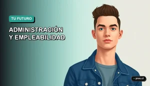 Ilustración plana y moderna de un estudiante universitario sonriente, representando el futuro profesional en administración en Chile. Imagen optimista y motivadora para jóvenes que planifican su carrera.