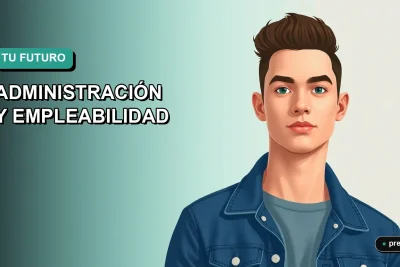 Ilustración plana y moderna de un estudiante universitario sonriente, representando el futuro profesional en administración en Chile. Imagen optimista y motivadora para jóvenes que planifican su carrera.