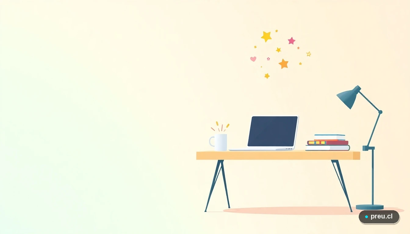 Ilustración vectorial plana de un escritorio de estudio moderno y minimalista, con laptop, cuadernos de colores y una taza de café, sobre un fondo de gradiente fresco verde menta y azul teal. Simboliza el espacio de aprendizaje y preparación para la carrera de Educación Parvularia.