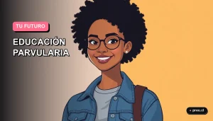 Ilustración plana y moderna de una joven universitaria sonriente, con estilo de pelo afro y chaqueta denim, sobre un fondo de gradiente suave rosa y lila. Representa el futuro profesional y motivador de la carrera de Educación Parvularia en Chile.