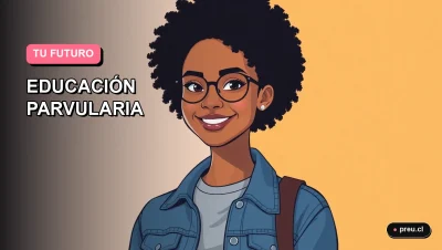 Ilustración plana y moderna de una joven universitaria sonriente, con estilo de pelo afro y chaqueta denim, sobre un fondo de gradiente suave rosa y lila. Representa el futuro profesional y motivador de la carrera de Educación Parvularia en Chile.