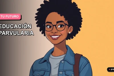 Ilustración plana y moderna de una joven universitaria sonriente, con estilo de pelo afro y chaqueta denim, sobre un fondo de gradiente suave rosa y lila. Representa el futuro profesional y motivador de la carrera de Educación Parvularia en Chile.