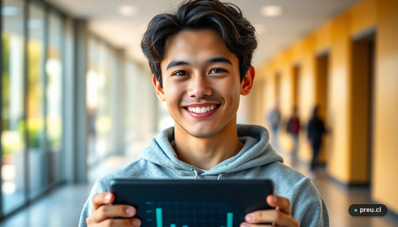 Joven estudiante sonriendo con confianza en un campus universitario moderno, representando el futuro profesional en Física.