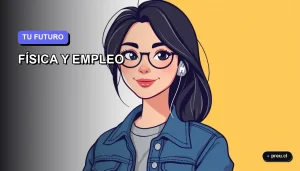 Joven estudiante de física sonriendo con confianza, ilustración plana y moderna sobre un fondo de gradiente suave. Representa el futuro profesional brillante y lleno de oportunidades que ofrece estudiar física en Chile.