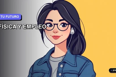 Joven estudiante de física sonriendo con confianza, ilustración plana y moderna sobre un fondo de gradiente suave. Representa el futuro profesional brillante y lleno de oportunidades que ofrece estudiar física en Chile.