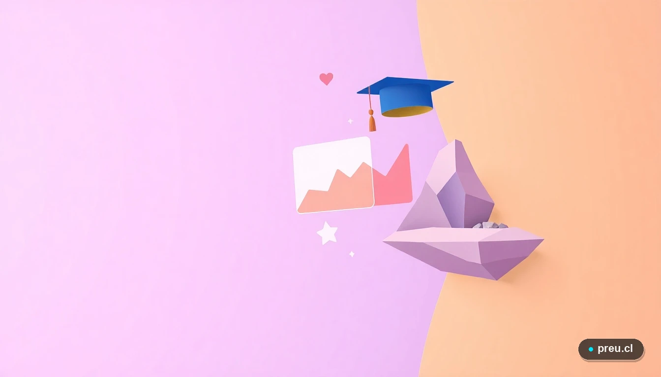 Elementos gráficos abstractos y modernos que simbolizan el éxito académico y profesional en geología: un mapa de Chile, un gráfico de crecimiento, un birrete y una muestra de roca, sobre un fondo minimalista. Representa el camino claro y lleno de logros que ofrece esta carrera.