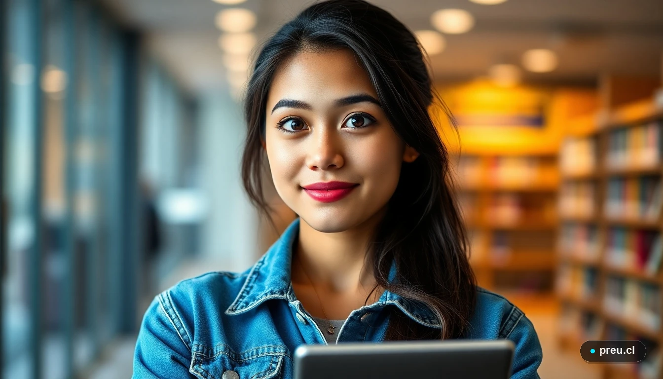 Joven estudiante universitaria sonriendo con confianza en una biblioteca moderna, representando el futuro profesional en geología.