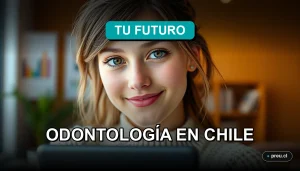 Joven estudiante de odontología sonriendo con confianza en un moderno campus universitario, representando el futuro profesional y la empleabilidad en Chile. Imagen inspiradora para jóvenes que eligen su carrera.