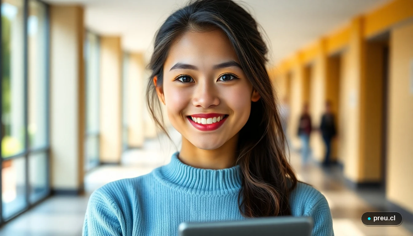 Joven estudiante sonriendo con confianza en un campus universitario moderno, representando el futuro profesional en odontología.