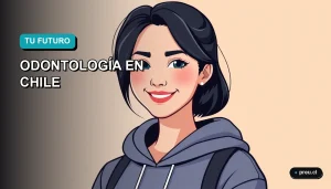 Ilustración plana y moderna de una estudiante de odontología sonriendo con confianza, sobre un fondo con degradado suave. Representa el futuro profesional brillante y lleno de oportunidades que ofrece esta carrera en Chile.