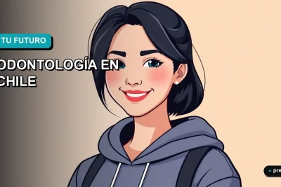 Ilustración plana y moderna de una estudiante de odontología sonriendo con confianza, sobre un fondo con degradado suave. Representa el futuro profesional brillante y lleno de oportunidades que ofrece esta carrera en Chile.