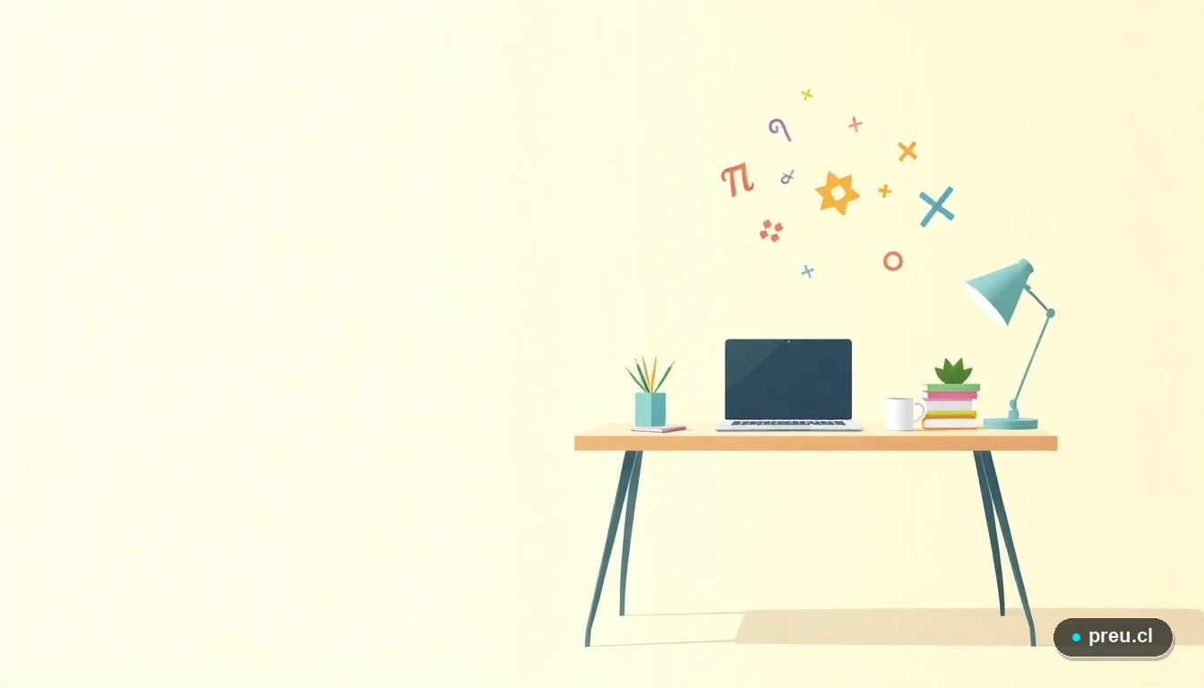 Ilustración vectorial plana de un escritorio de estudio moderno y minimalista, con un laptop, cuadernos de colores y símbolos matemáticos flotantes, sobre un fondo con degradado suave. Representa el ambiente de aprendizaje y preparación de un futuro profesor.