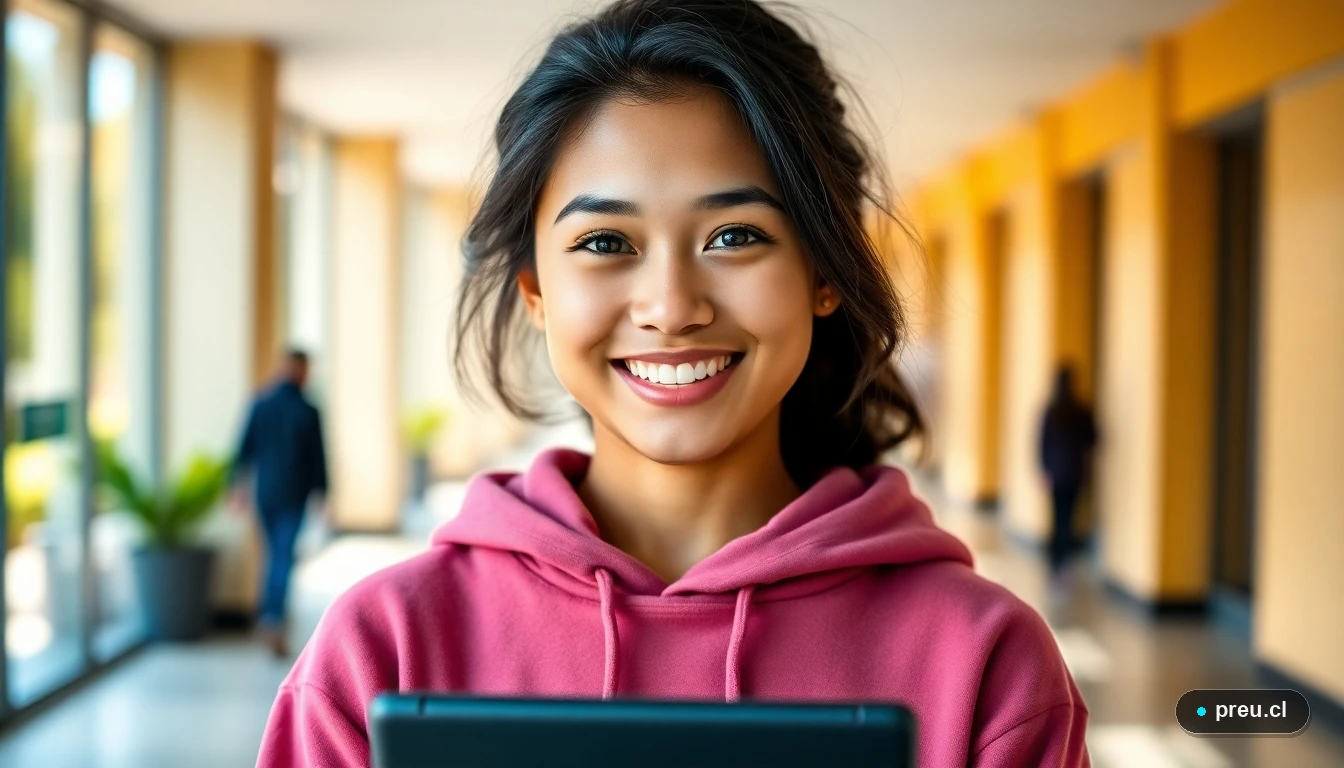 Joven estudiante sonríe con confianza en un campus universitario moderno, representando el futuro brillante de la Pedagogía en Matemáticas.