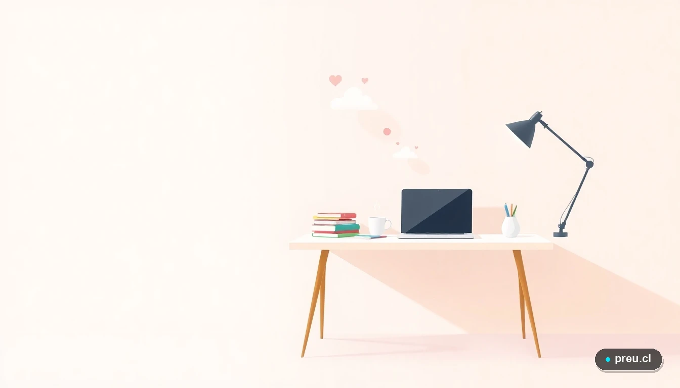 Ilustración vectorial plana de un escritorio de estudio vacío y ordenado, simbolizando un descanso merecido. Con una laptop cerrada, cuadernos y una taza de café, sobre un fondo con gradiente suave en lavanda y durazno.