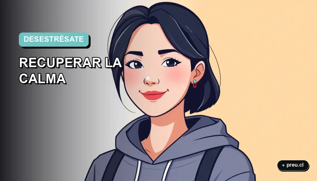 Ilustración plana y moderna de una estudiante joven sonriendo con alivio, representando la calma después de un examen importante. Fondo con gradiente suave en tonos teal y menta, diseño minimalista y asimétrico.