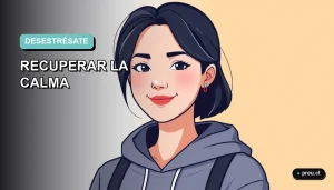 Ilustración plana y moderna de una estudiante joven sonriendo con alivio, representando la calma después de un examen importante. Fondo con gradiente suave en tonos teal y menta, diseño minimalista y asimétrico.