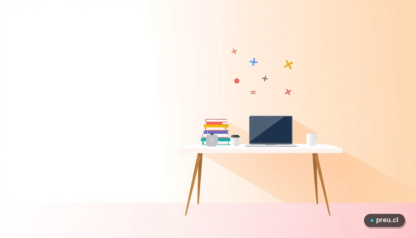 Escritorio de estudio moderno y organizado con laptop, cuadernos y una taza de café, junto a símbolos matemáticos flotantes. Representa un espacio de aprendizaje ideal, libre de caos, para ayudarte a concentrarte y reducir el estrés.