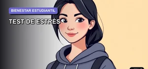 Ilustración plana y moderna de una estudiante universitaria sonriente y tranquila, sobre un fondo de gradiente suave. Representa el equilibrio y la calma que puedes lograr al gestionar tu estrés académico.