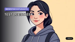 Ilustración plana y moderna de una estudiante universitaria sonriente y tranquila, sobre un fondo de gradiente suave. Representa el equilibrio y la calma que puedes lograr al gestionar tu estrés académico.