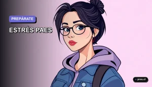 Ilustración plana y moderna de una estudiante universitaria joven y diversa, con expresión pensativa pero tranquila, sobre un fondo de gradiente suave lavanda. Representa el manejo del estrés académico para la PAES.