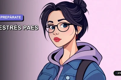 Ilustración plana y moderna de una estudiante universitaria joven y diversa, con expresión pensativa pero tranquila, sobre un fondo de gradiente suave lavanda. Representa el manejo del estrés académico para la PAES.