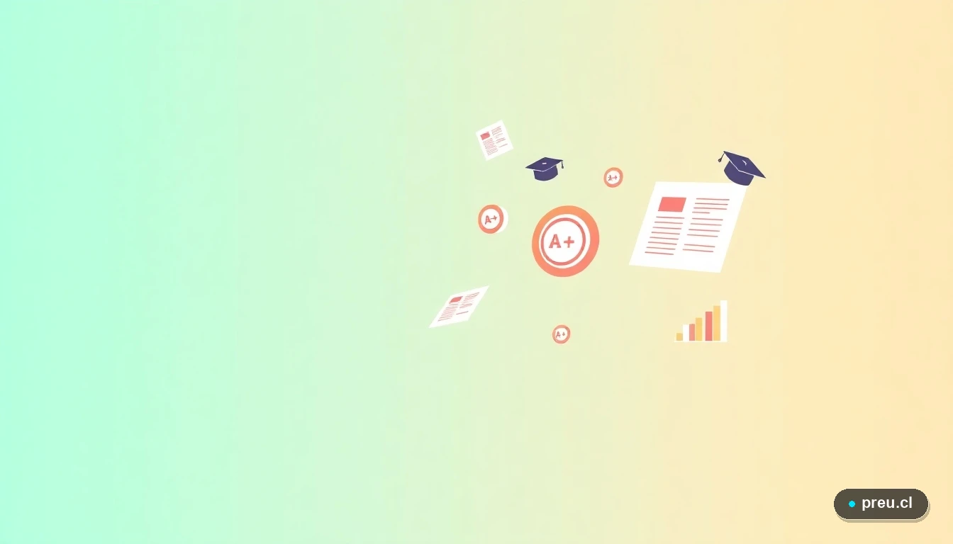 Ilustración abstracta de elementos académicos: papeles de examen, calificaciones A+, birretes y gráficos de progreso en estilo vectorial plano y colorido, sobre un fondo gradiente verde menta. Simboliza el éxito y la claridad en tu camino vocacional.