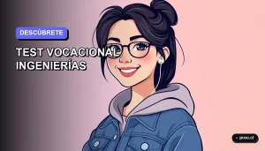 Ilustración plana y moderna de una estudiante universitaria sonriente, con estilo de dibujo vectorial colorido, sobre un fondo gradiente lavanda suave. Representa la emoción de descubrir tu vocación en ingeniería.