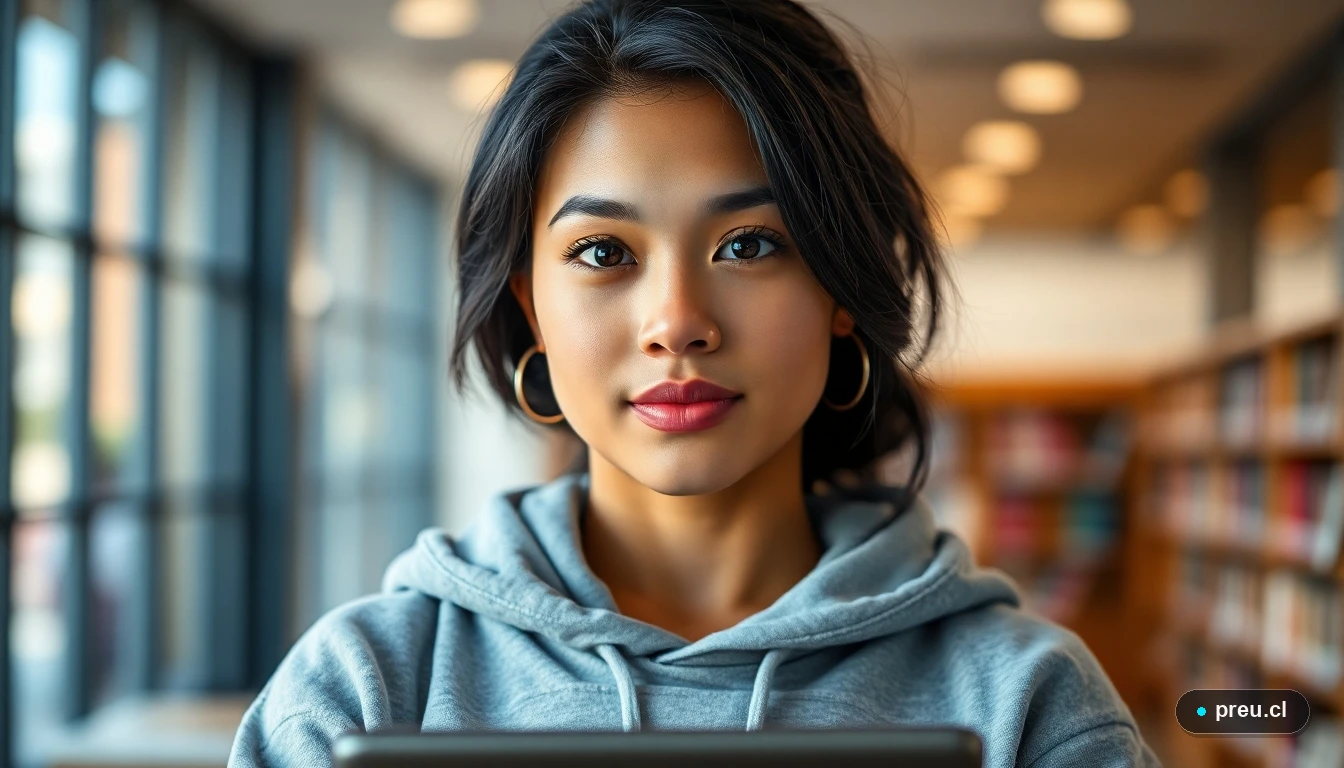Joven estudiante reflexionando sobre su futuro en carreras de la salud, con expresión esperanzada en una biblioteca universitaria.