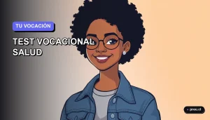 Ilustración plana y moderna de una joven universitaria sonriente, con estilo de pelo afro y chaqueta denim, sobre un fondo de gradiente suave color lavanda. Representa a una estudiante de salud inspirada, lista para descubrir su camino profesional.