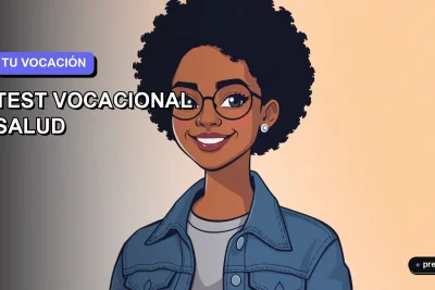 Ilustración plana y moderna de una joven universitaria sonriente, con estilo de pelo afro y chaqueta denim, sobre un fondo de gradiente suave color lavanda. Representa a una estudiante de salud inspirada, lista para descubrir su camino profesional.