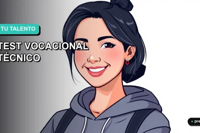 Joven universitaria sonriente, ilustrada en estilo plano y moderno, sobre un fondo color menta. Representa a estudiantes descubriendo su camino profesional práctico con confianza.