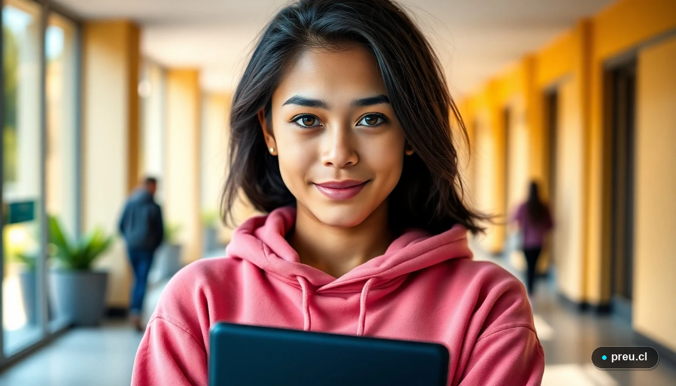 Joven estudiante reflexionando sobre su futuro profesional en un campus universitario moderno en Chile.