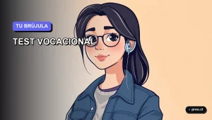 Ilustración plana y moderna de una joven universitaria sonriente, con un estilo fresco y contemporáneo, sobre un fondo de gradiente suave. Representa la confianza y claridad que brinda un test vocacional para elegir tu carrera ideal.