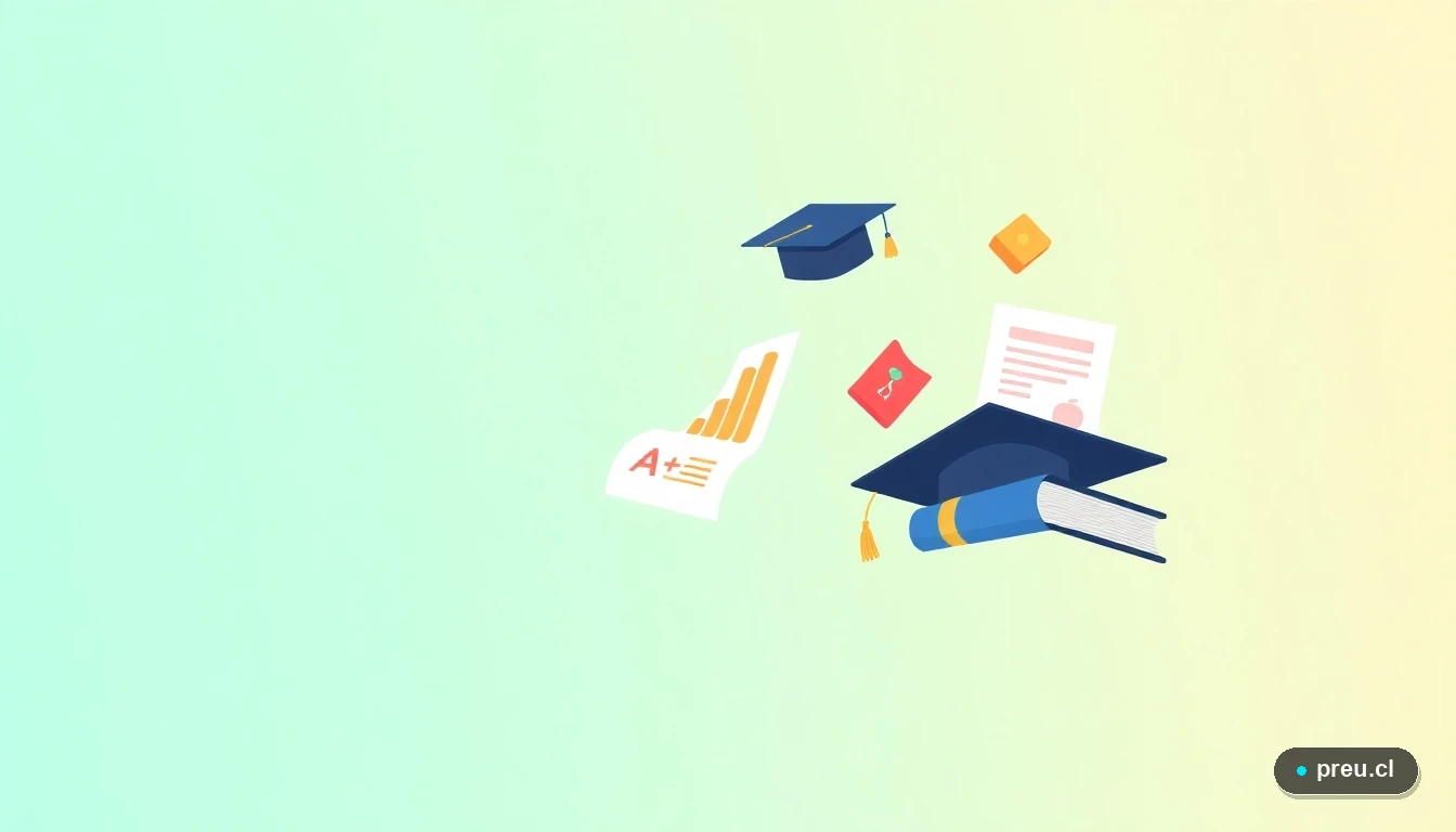 Ilustración abstracta de elementos académicos y de logro: una toga de graduado, un papel con nota máxima, un gráfico de progresión y un libro de leyes, en estilo vectorial plano y moderno, sobre fondo degradado verde menta.