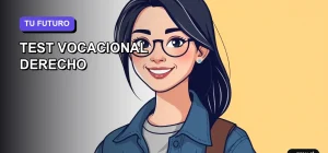Ilustración plana y moderna de una estudiante universitaria sonriente, con estilo de dibujo vectorial, sobre un fondo degradado color lavanda. Representa a una joven reflexiva y segura, ideal para descubrir si el perfil de Derecho es para ti.