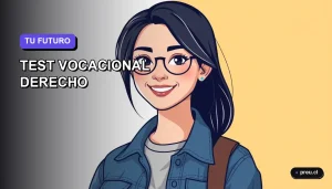 Ilustración plana y moderna de una estudiante universitaria sonriente, con estilo de dibujo vectorial, sobre un fondo degradado color lavanda. Representa a una joven reflexiva y segura, ideal para descubrir si el perfil de Derecho es para ti.