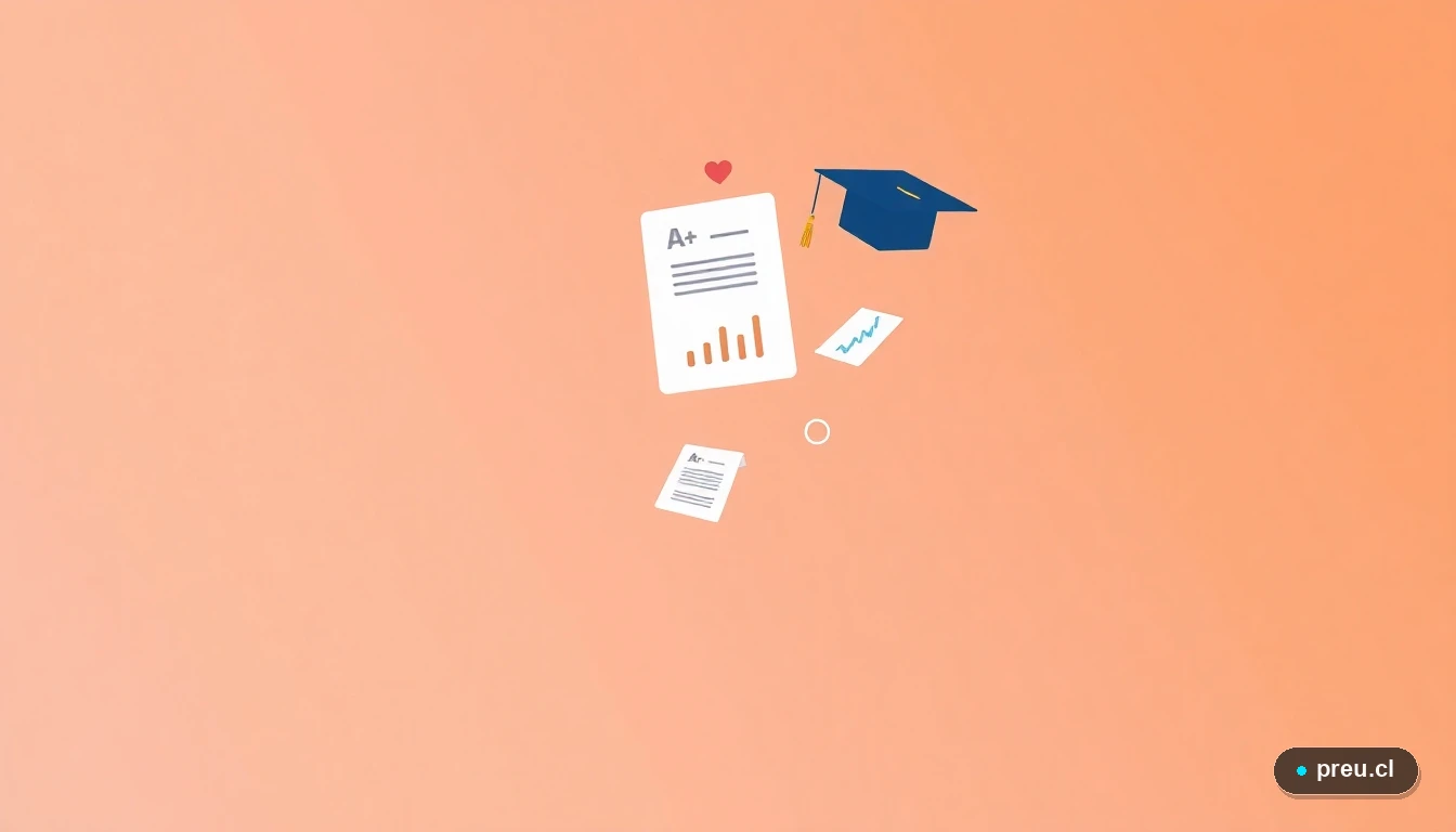 Elementos gráficos abstractos de éxito académico, como papeles de examen con nota máxima y gráficos de progreso, en un estilo de ilustración plana y colorida sobre un fondo de gradiente melocotón. Simboliza los logros y el avance que puedes alcanzar.