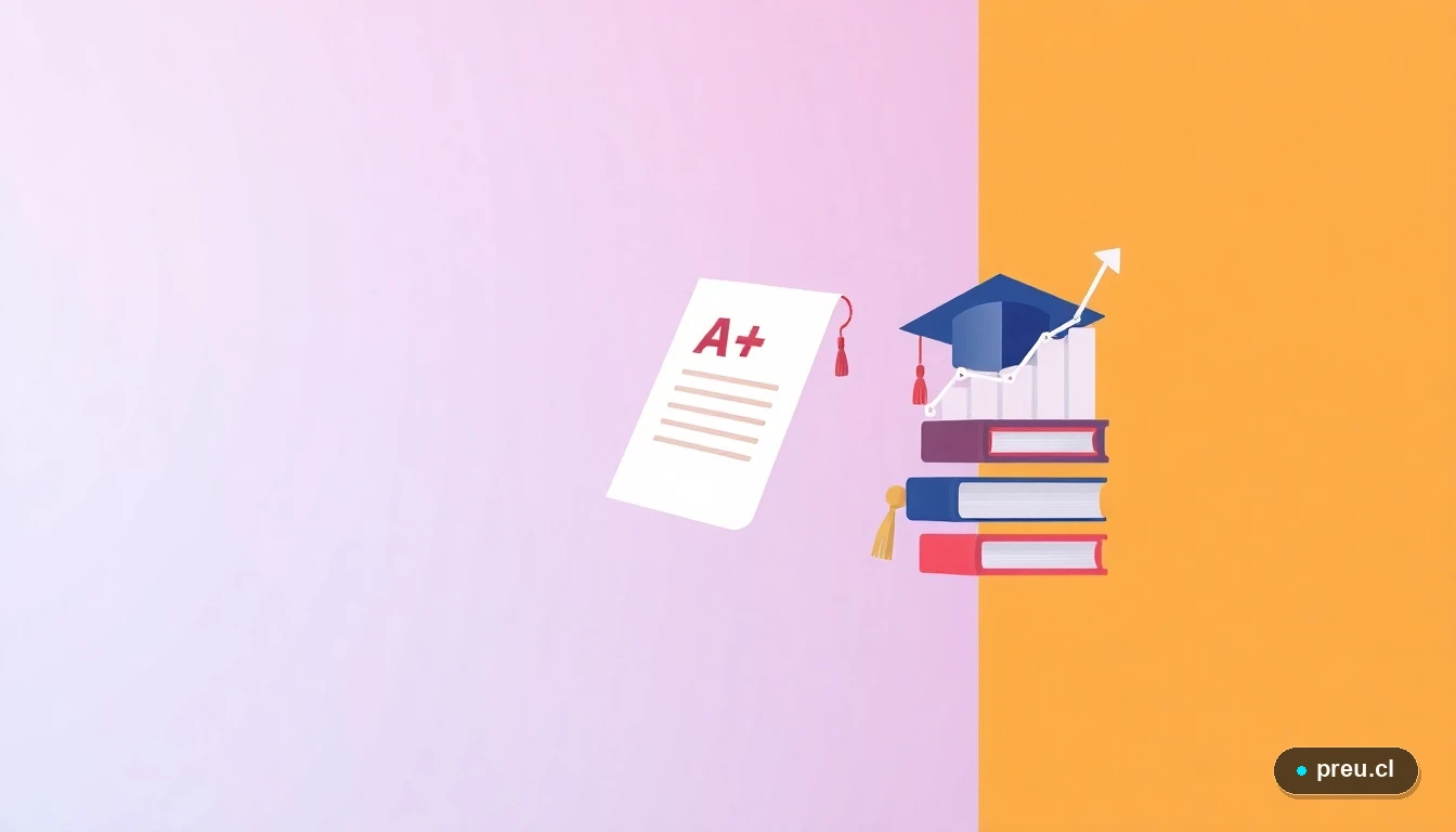 Elementos gráficos abstractos y modernos que simbolizan el éxito académico: un papel con A+, un capelo de graduación y un gráfico de progreso, sobre un fondo de gradiente colorido. Representa los logros y el avance en la vida universitaria.