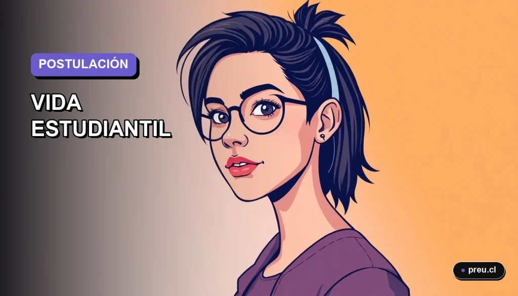 Ilustración plana y moderna de una estudiante universitaria sonriente, con un fondo de gradiente suave, representando la guía definitiva para postular a la vida estudiantil. Imagen optimizada para jóvenes chilenos.